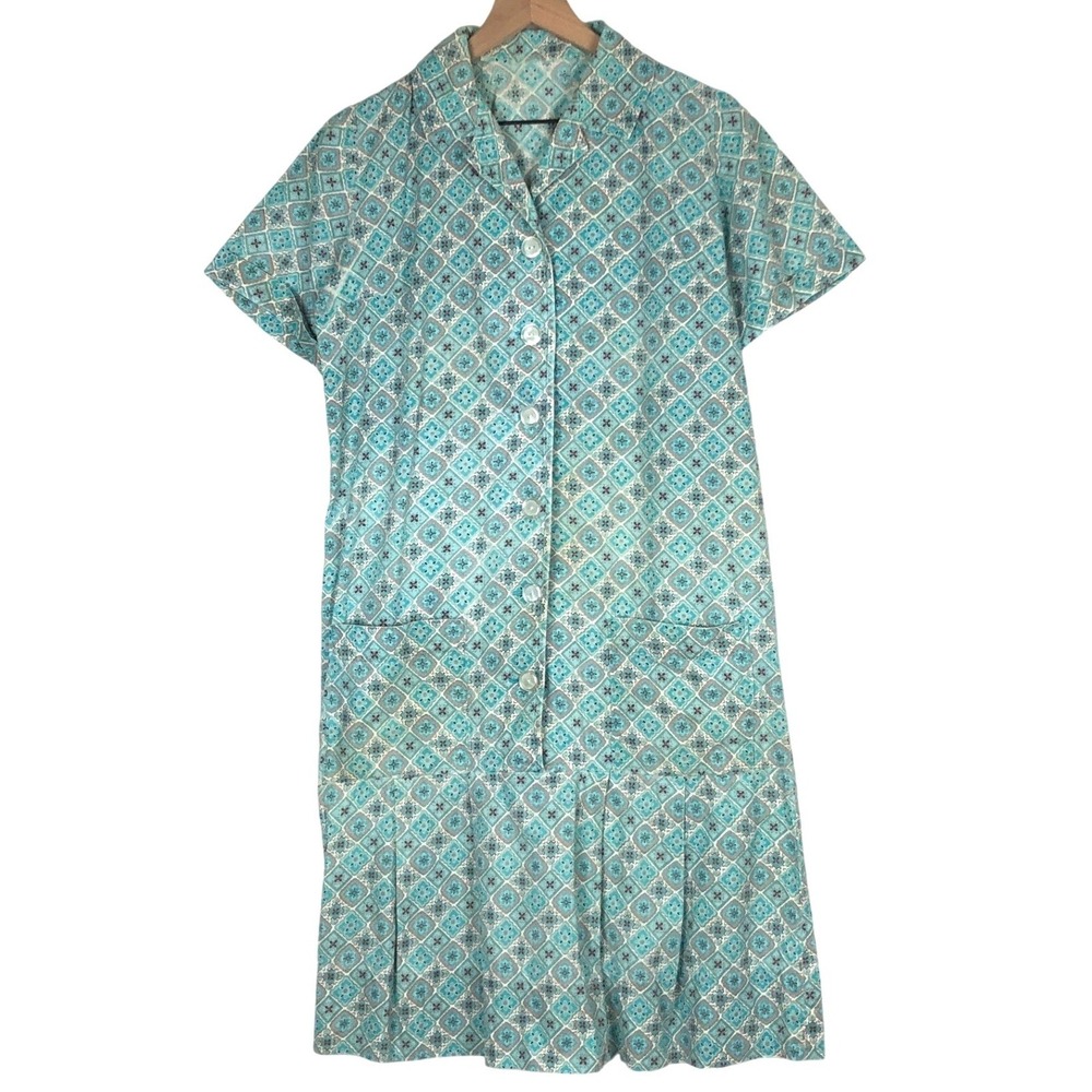 VTG Handmade Geometric Cotton Button Front Shift Midi Dress Sz L Pleated Hem